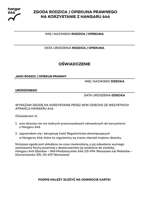 hangar 646 zgoda rodzica pdf|hangar domaniewska.
